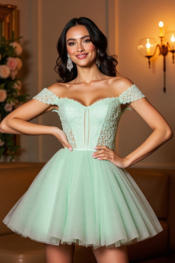 Light Green Off The Shoulder Corset Homecoming Dress with Appliques